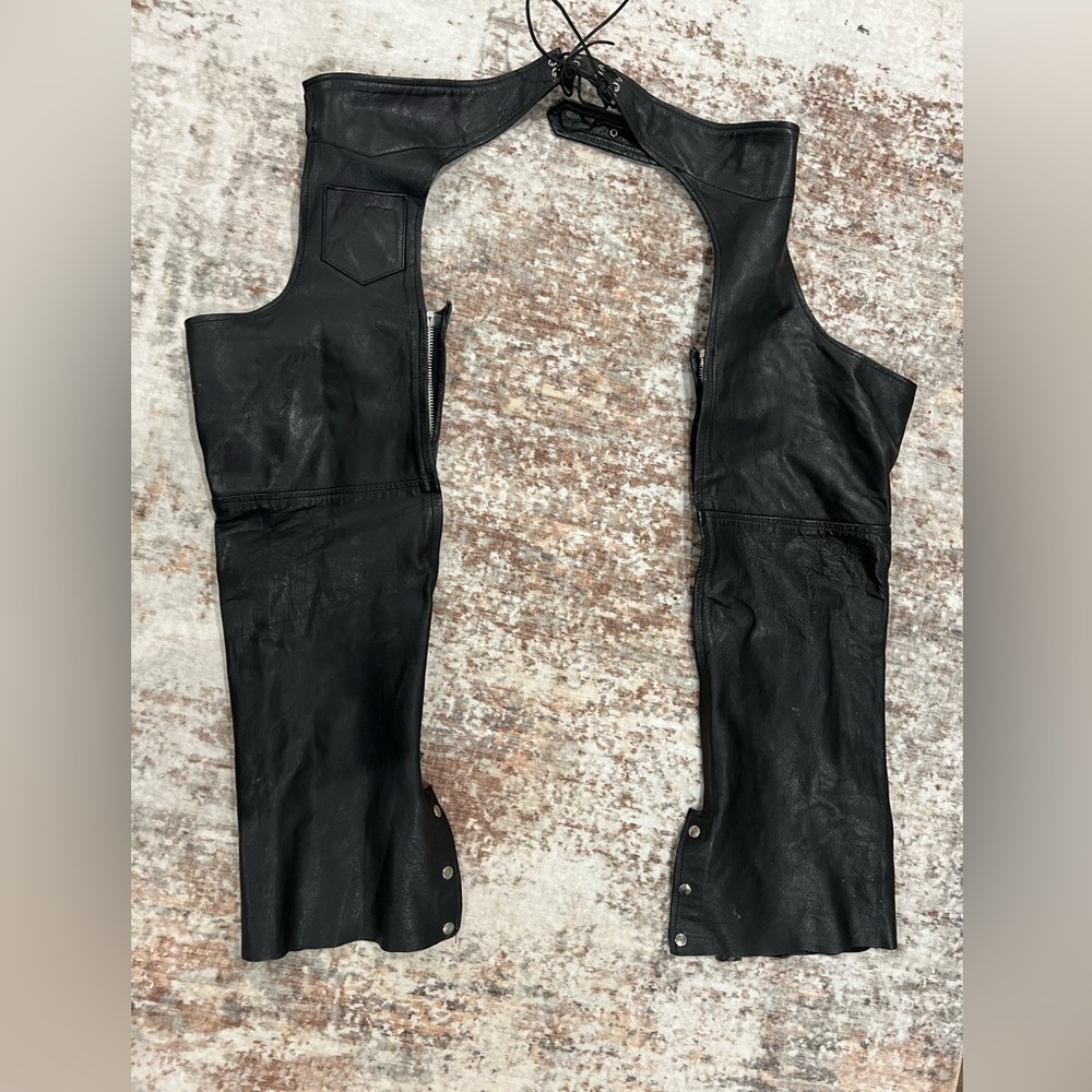 Real Leather black motorcycle chaps zippers Leather Wear Brand XL - Picture 7 of 7